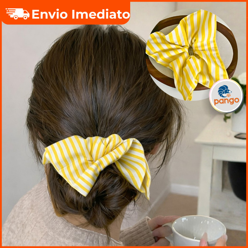 Xuxinha Coreana Listrada Amarela Aesthetic Grande Scrunchie Hair Estilo Dorama K-Fashion 1/2/3 unid