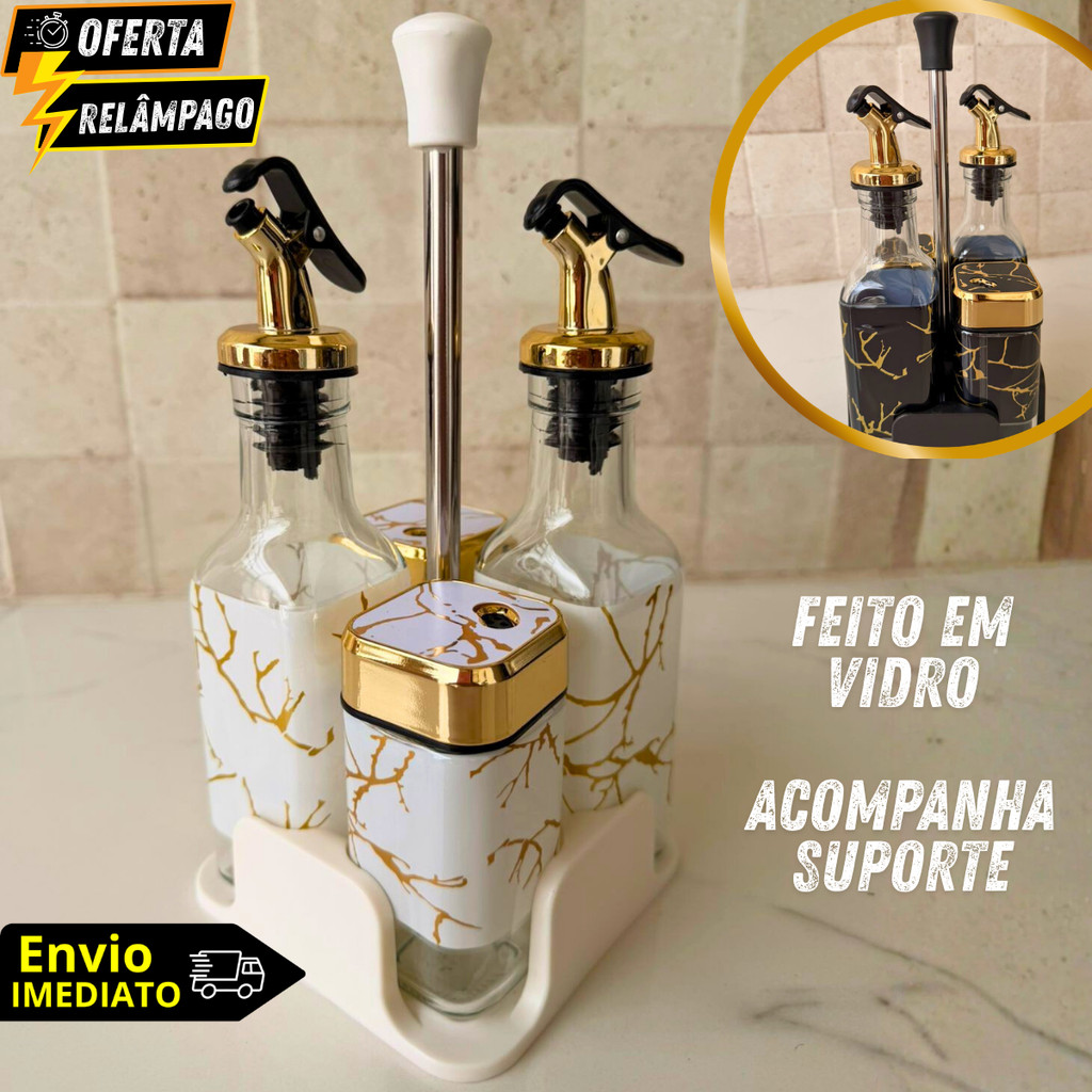 Jogo Galheteiro Vidro Marmore 4 Peças com Suporte Porta Azeite Vinagre Saleiro Paliteiro Azeiteiro