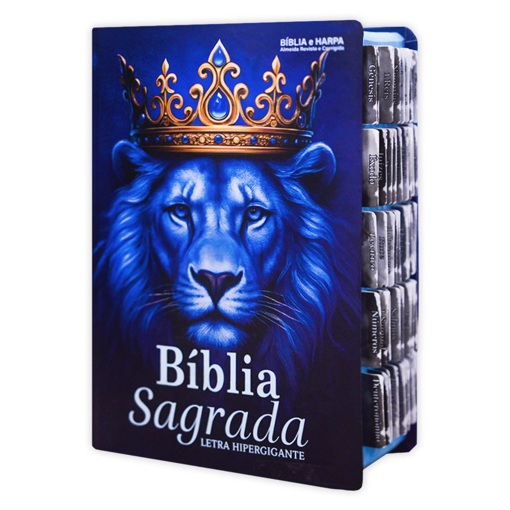 Bíblia Leão Azul Real | Hipergigante - ARC - João Ferreira de Almeida - Índice de Abas Adesivas - Harpa