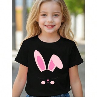 Camiseta Infantil De Manga Curta Casual Colorida Adequada Para Meninas Algodão Estampa De Coelho em Oferta na Shopee