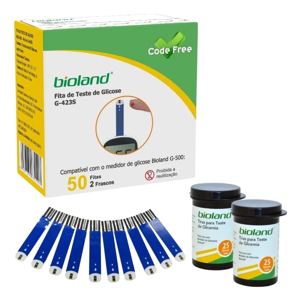 Kit 50 Fitas Teste Glicose Bioland G-423S Tiras Reagentes para Glicosímetro Alta Precisão