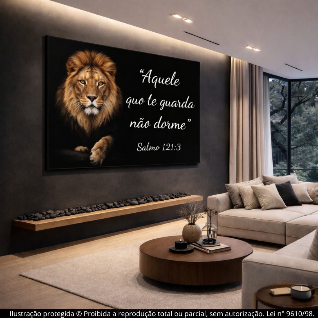 Placa Quadro Decorativo Leão Com Versículo Bíblico Salmo 121:3 Frase Religiosa Cristã Sala Quarto Escritório Presente Fé