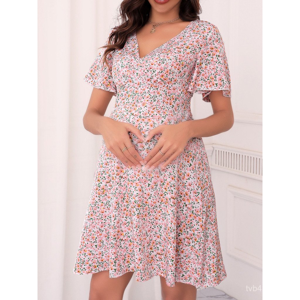 Chá folha de lótus neve Break amarrado saia de verão impresso girando vestido europeu americano vestido de maternidade s