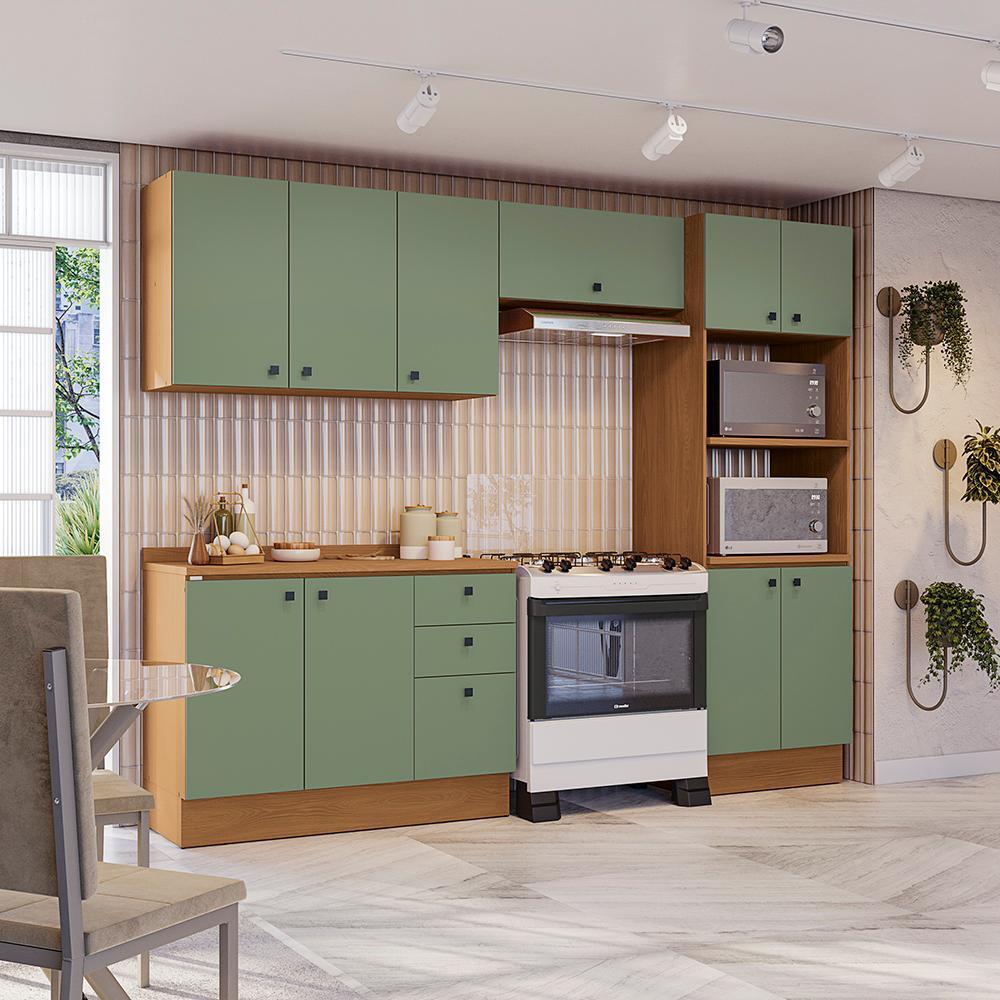 Armário de Cozinha Completa 270cm Canela/Verde Frevo Pixel Kappesberg