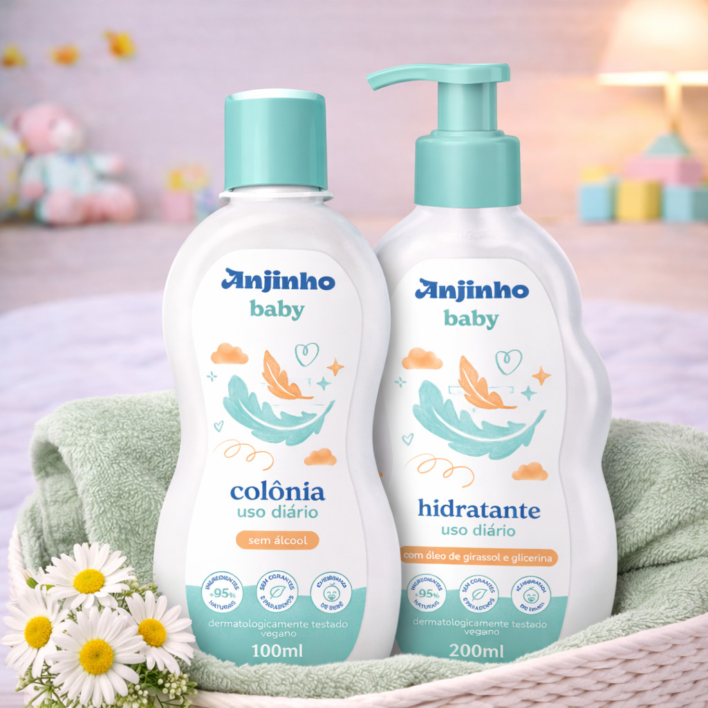 Kit Colônia + Hidratante Infantil Anjinho Baby Uso Diário | Sem Álcool Vegano Hipoalergênico