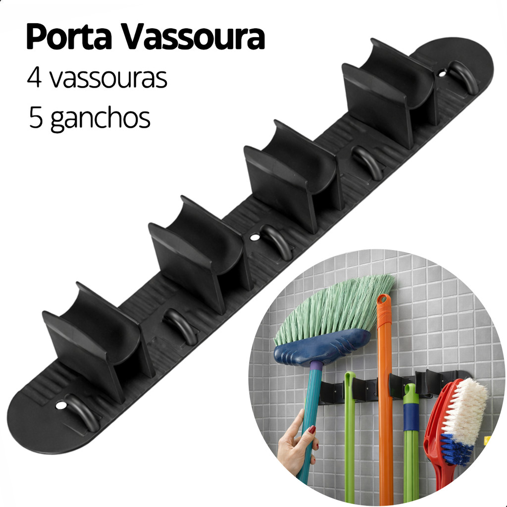 Porta Vassoura Rodo Suporte Multiuso 5 Ganchos Organizador Parede Cozinha Lavanderia