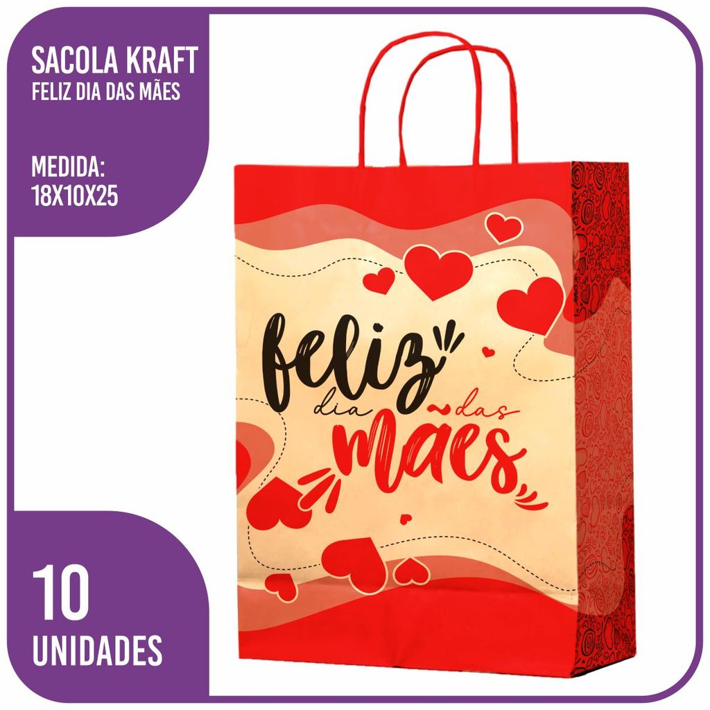 Sacola Kraft Feliz Dia das Mães (PP) 18x10x25 - (10 Unidades)