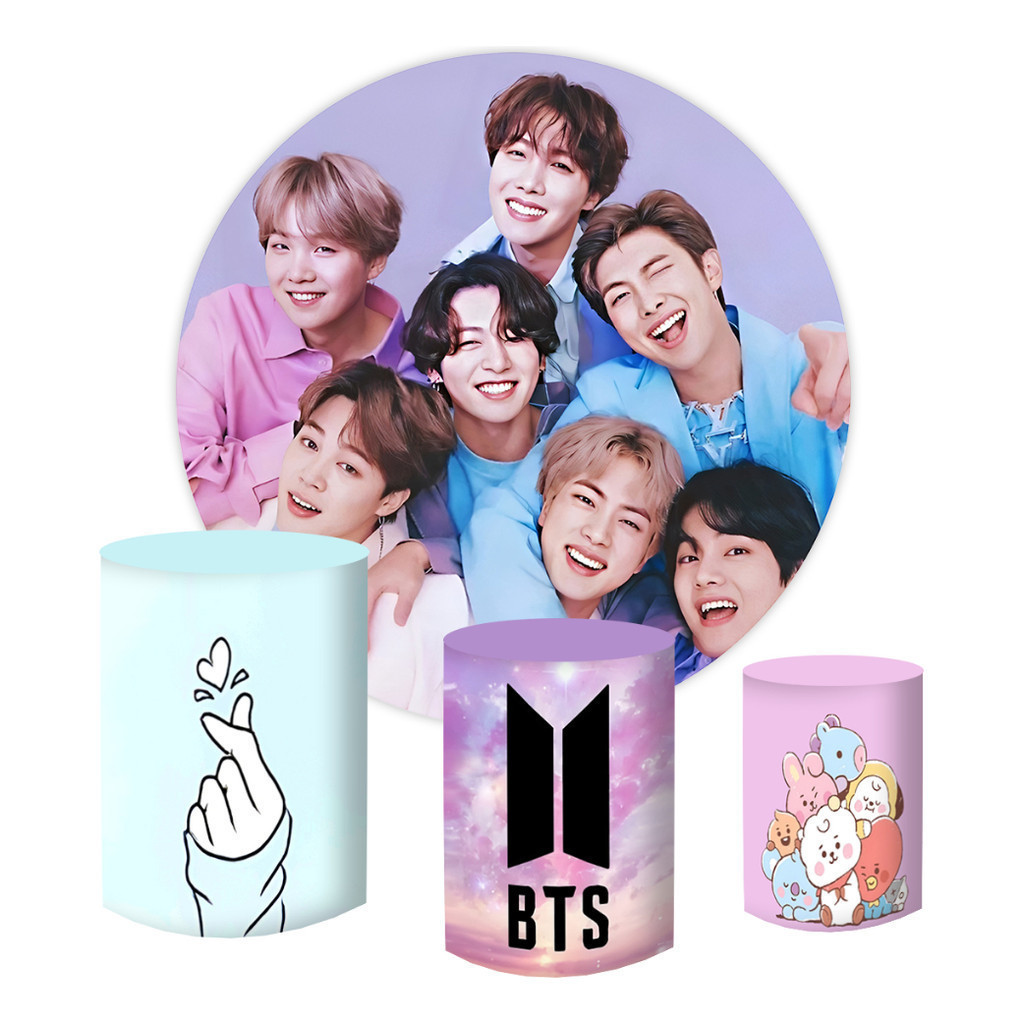 Kit Painel De Festa Bts Kpop Korean 1 Painel Redondo 150cm x 150cm + 3 Capas Cilindro