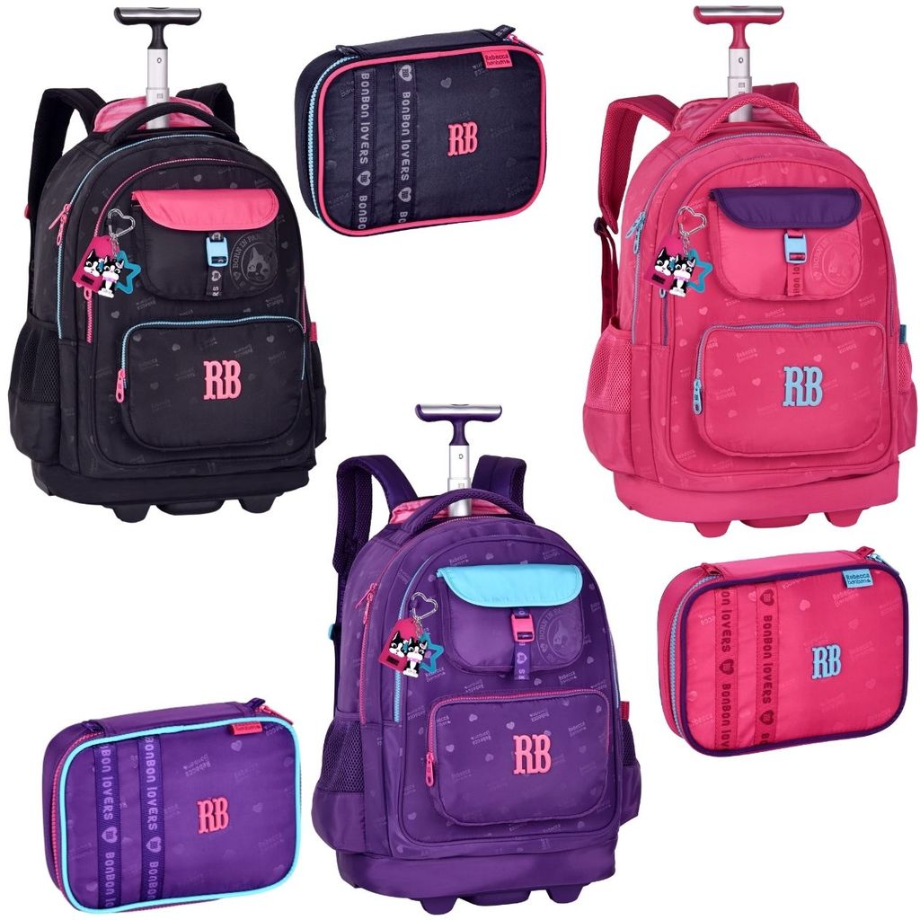Kit Mochila de Rodinhas e Estojo 36 Pens Rebecca Bonbon Material Escolar Resistente Meninas Infantil