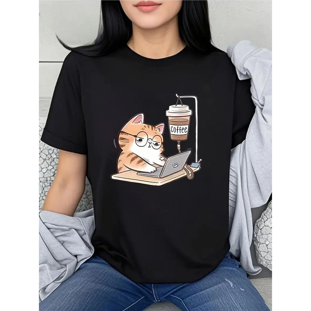 Camiseta Feminina Gato Café Nerd Viciado Algodão Larga Respiravel Versátil Confortável Estilosa Casual