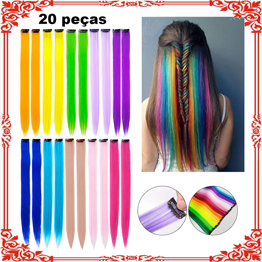 20 peças peças de extensão de cabelo colorido 10 cores tamanho 55cm * 3cm peruca extensão de cabelo peça de extensão de
