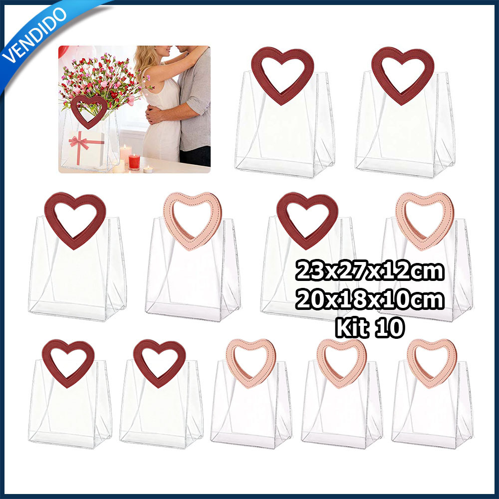 Kit 10 Saco de presente transparente em PVC com alças reutilizável saco em forma de coração festas cor tamanho opcional em Oferta na Shopee