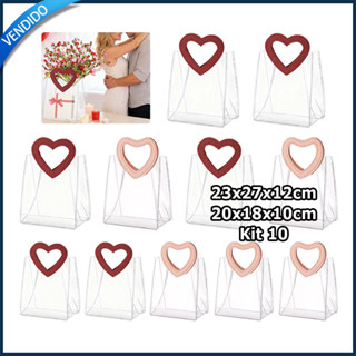 Kit 10 Saco de presente transparente em PVC com alças reutilizável saco em forma de coração festas cor tamanho opcional em Oferta na Shopee