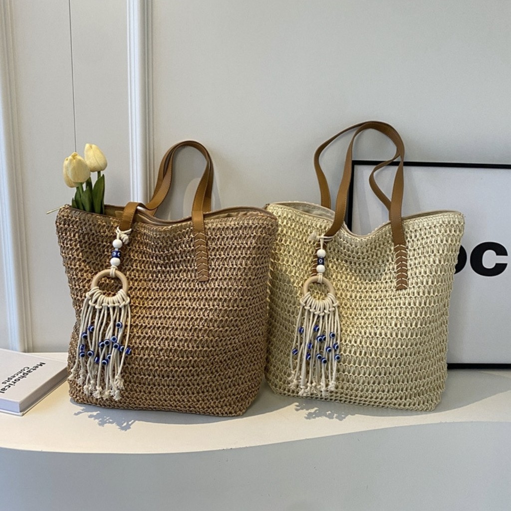 Bolsa de palha grande e espaçosa, ideal para ir ao trabalho, viagens de verão e férias na praia. em Oferta na Shopee