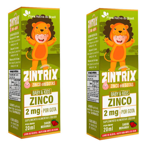Kit 2 Zintrix Zinco Infantil 20ml Flora Nativa Sabor Morango