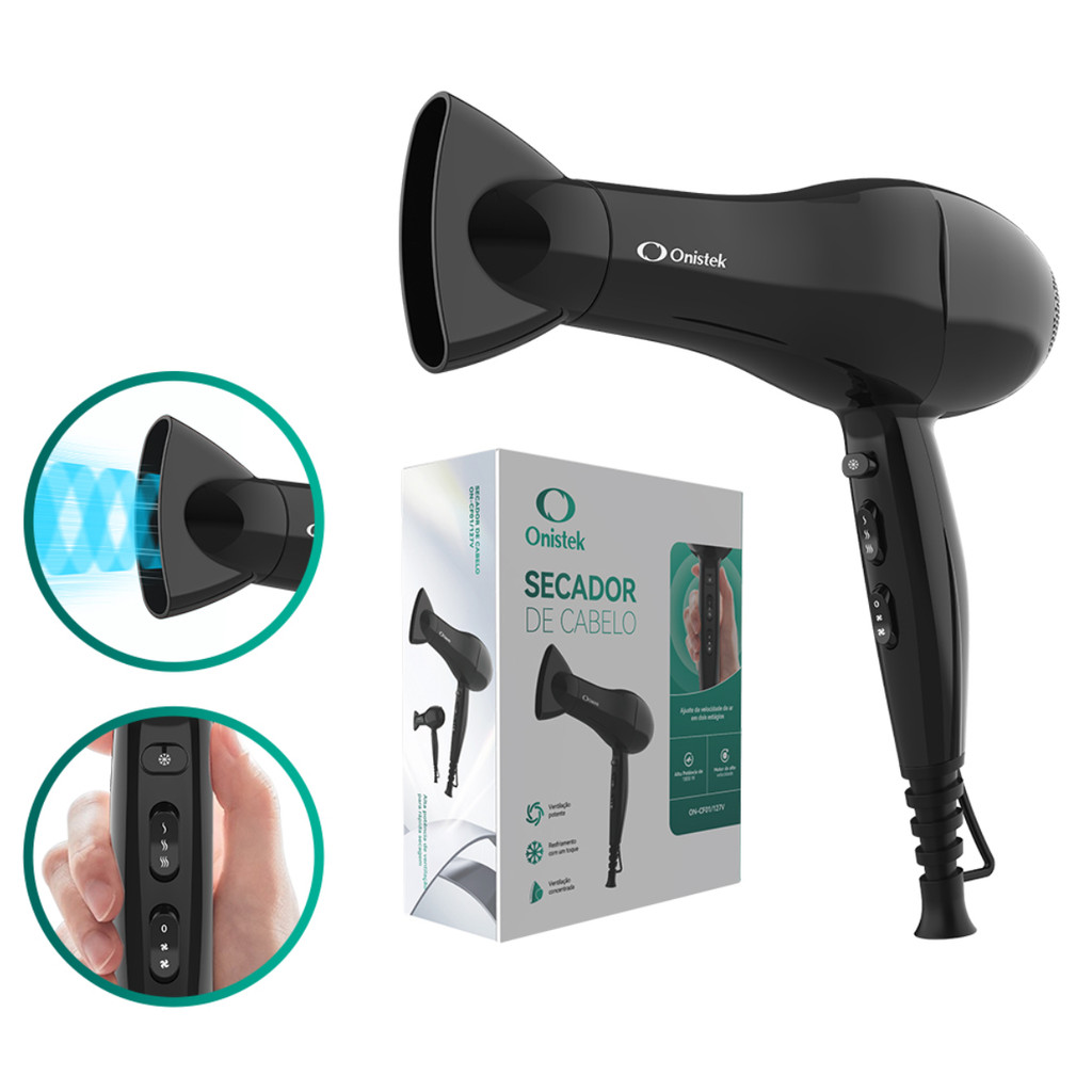 Secador de Cabelo 2000W Alta Potência 2 Velocidades 3 Temperaturas Baixo Ruído 110V / 220V ON-CF01