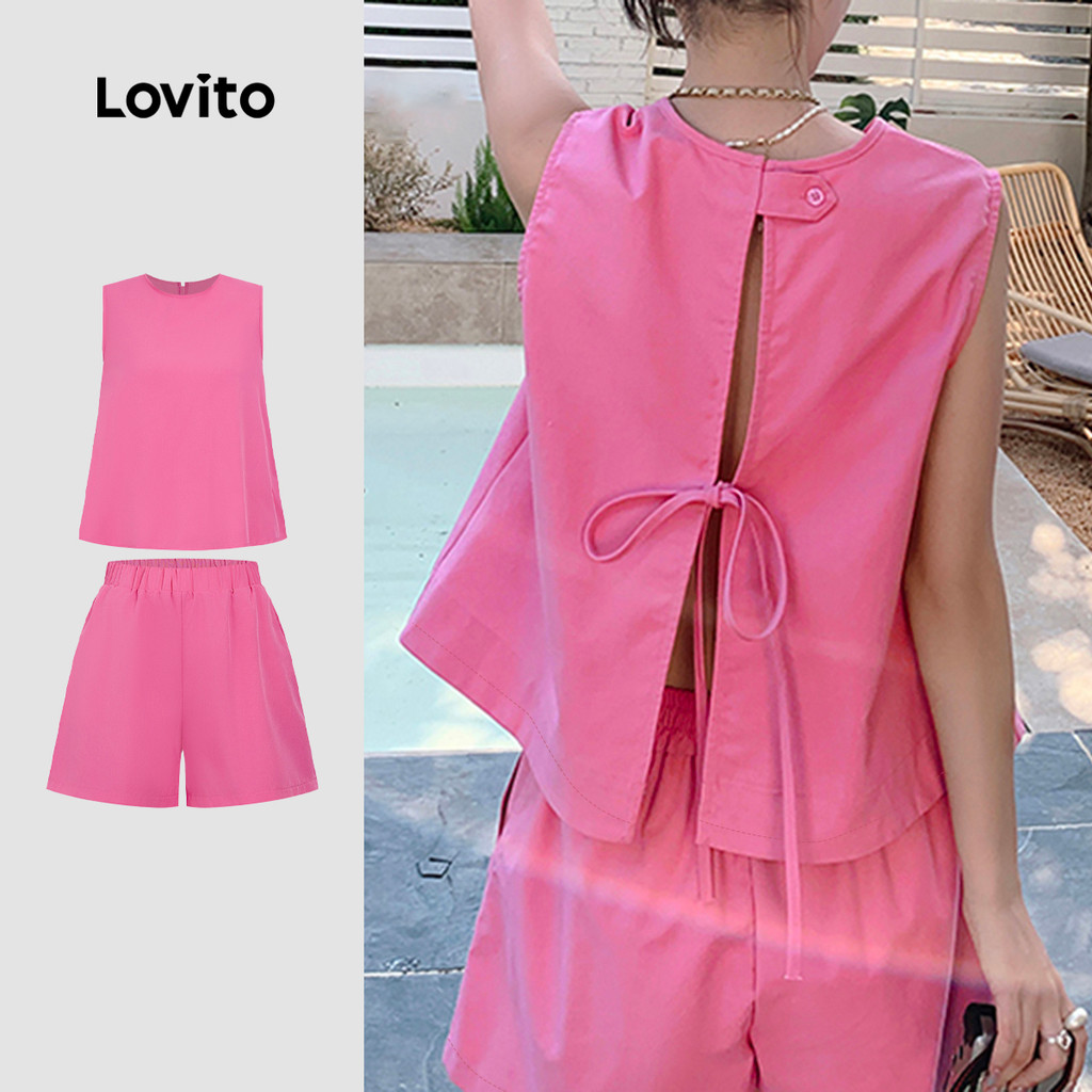 Lovito Conjuntos Casuais De Blusas E Calças Com Amarração Nas Costas E Botões Primavera/verão Para Mulheres L149LD279 em Oferta na Shopee