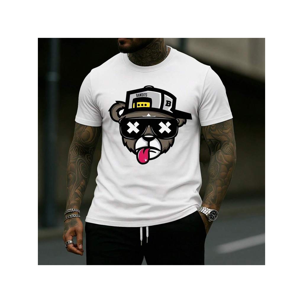 Camiseta Camisa Gola Redonda Algodão Estampada Urso Boné Bolado
