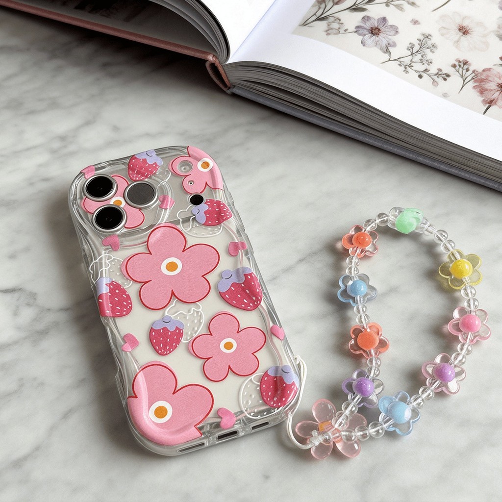 Capa De Flores De Morango Com Alça De Pulso Para Samsung Galaxy A71 A72 A03 A04 A05S A06 A10S A11 A12 A13 A20 A30 A32 A3