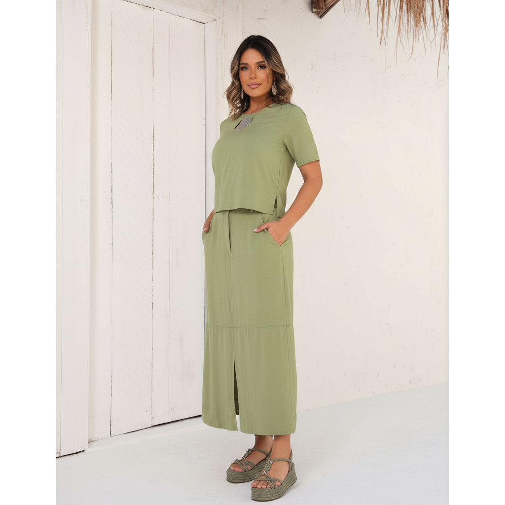 Conjunto Feminino Janaina Saia Longa Fenda Blusa Lisa Viscolinho Social Casual Chic