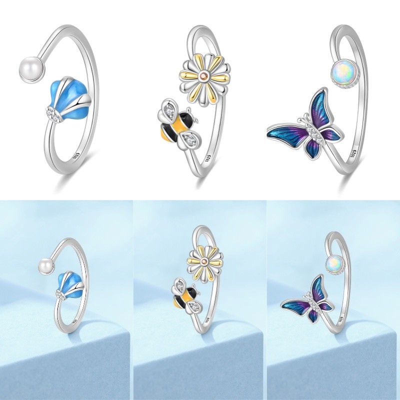 Anel feminino ajustável anel aberto S925 prata esterlina azul concha pérola anel abelha flor anel