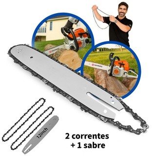 Kit 1 Sabre E 2 Correntes Motosserra 12 Polegadas Passo 3/8 LP 45 Elos Aço Manganês Profissional
