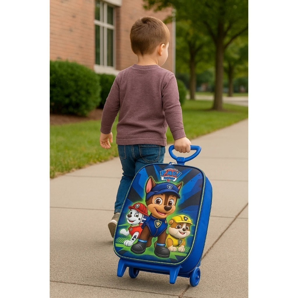 Mala Infantil Patrulha Canina 3D Azul com Rodinhas Bagagem Viagem Kids Menino Alça Retrátil Zíper