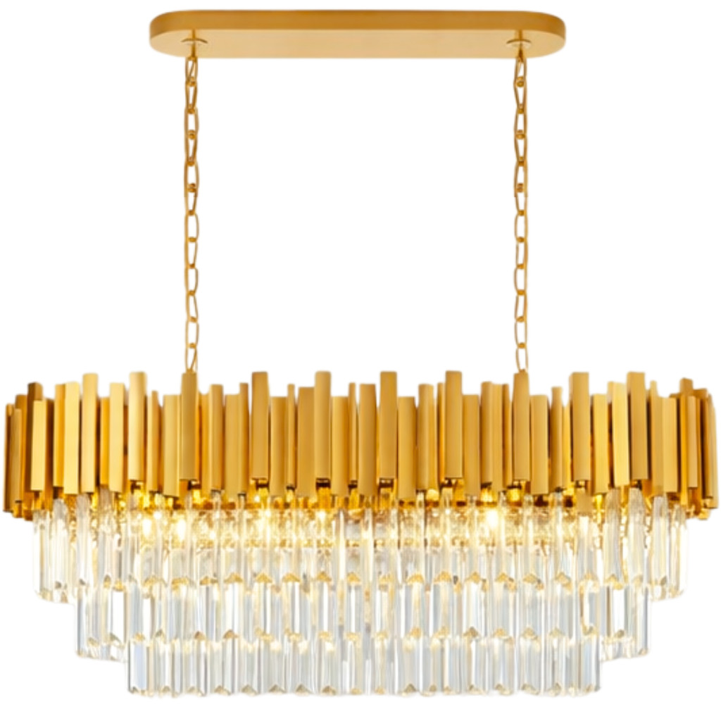 Lustre Pendente 80x30cm 152 Cristais 8xE14 Dourado Oval Luminária Teto Gimpo KJDD-L-423-80CM