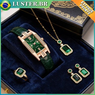 Conjunto de joias de esmeralda de 4 peças + relógio com pulseira de couro Relógio quadrado simples e ajustável em Oferta na Shopee