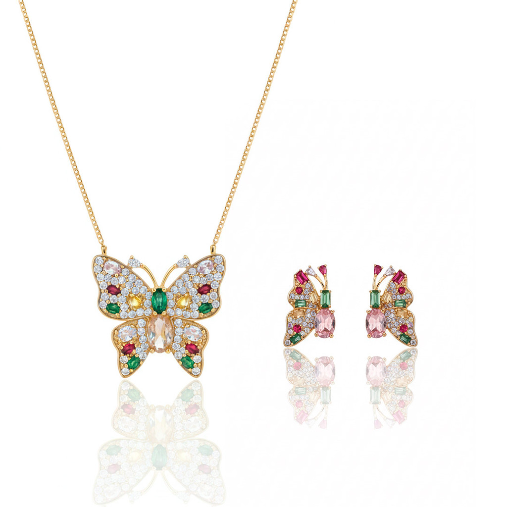 Conjunto de Colar e Brincos em Formato Borboleta Orgânica Texturizada Zircônia | Feminino | Banhado Ouro 18K | Semijoia