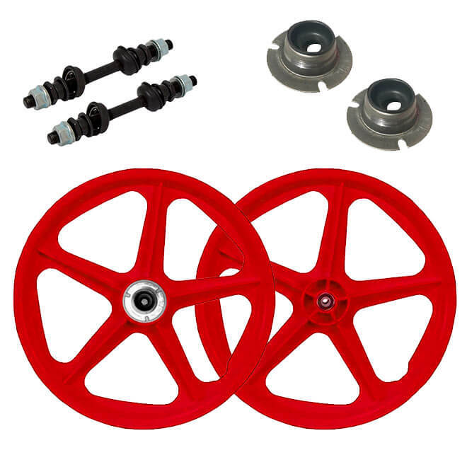 PAR DE RODA ESTRELA EXTRA NYLON VERMELHO ARO 20 P/ BICICLETA TRASEIRA COM EIXO + 2 FLANGES E DIANTEIRA COM EIXOS