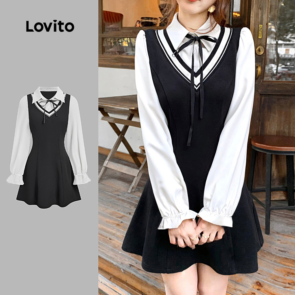 Lovito Vestido Fofo com Amarração e Costura de Tecido Outono/inverno Preto e Branco L166AD147 em Oferta na Shopee