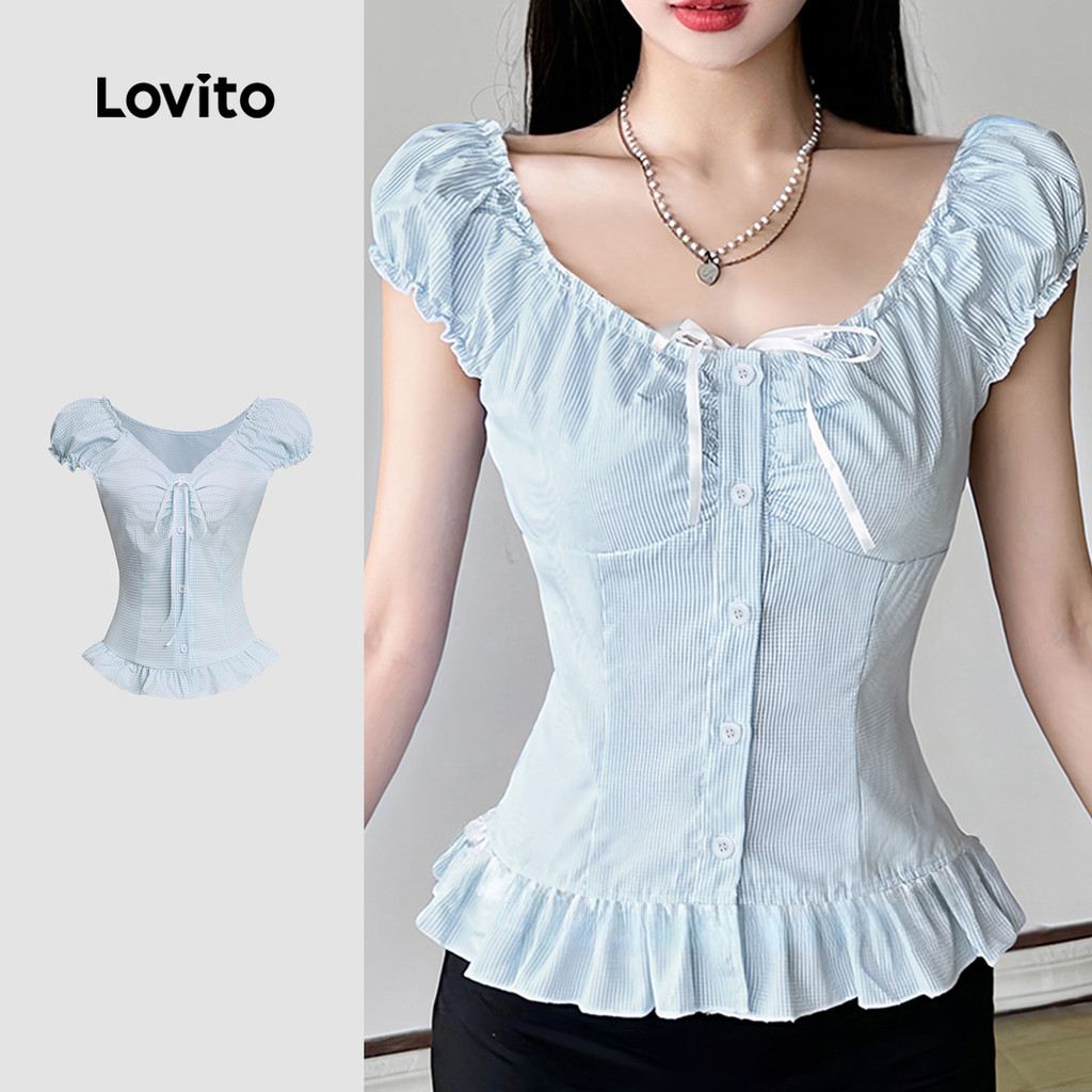 Lovito  Blusa Fofa com Botão Franzido Femininas Primavera/verão Blusa Azul para mulheres. L173AD108 em Oferta na Shopee