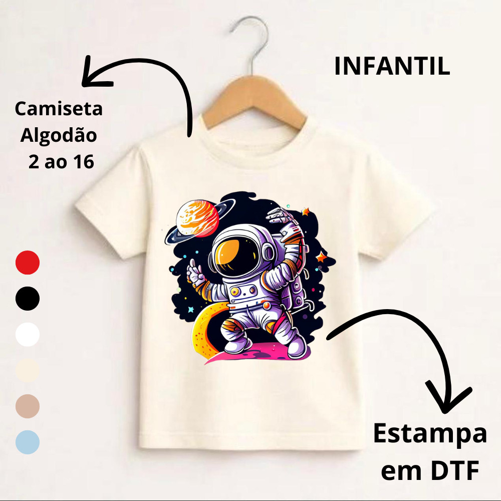 Camiseta Estampada Criança Infantil Astronauta na lua 2 ao 16 Algodão Varias Cores Menino Menina