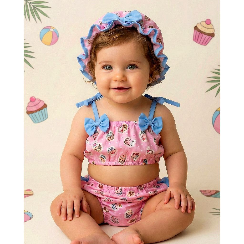 Banho De Sol Bebê Infantil Vitamina D Verão Cupcake Fashion Roupa Conjunto Top Calcinha Chapeu Solar
