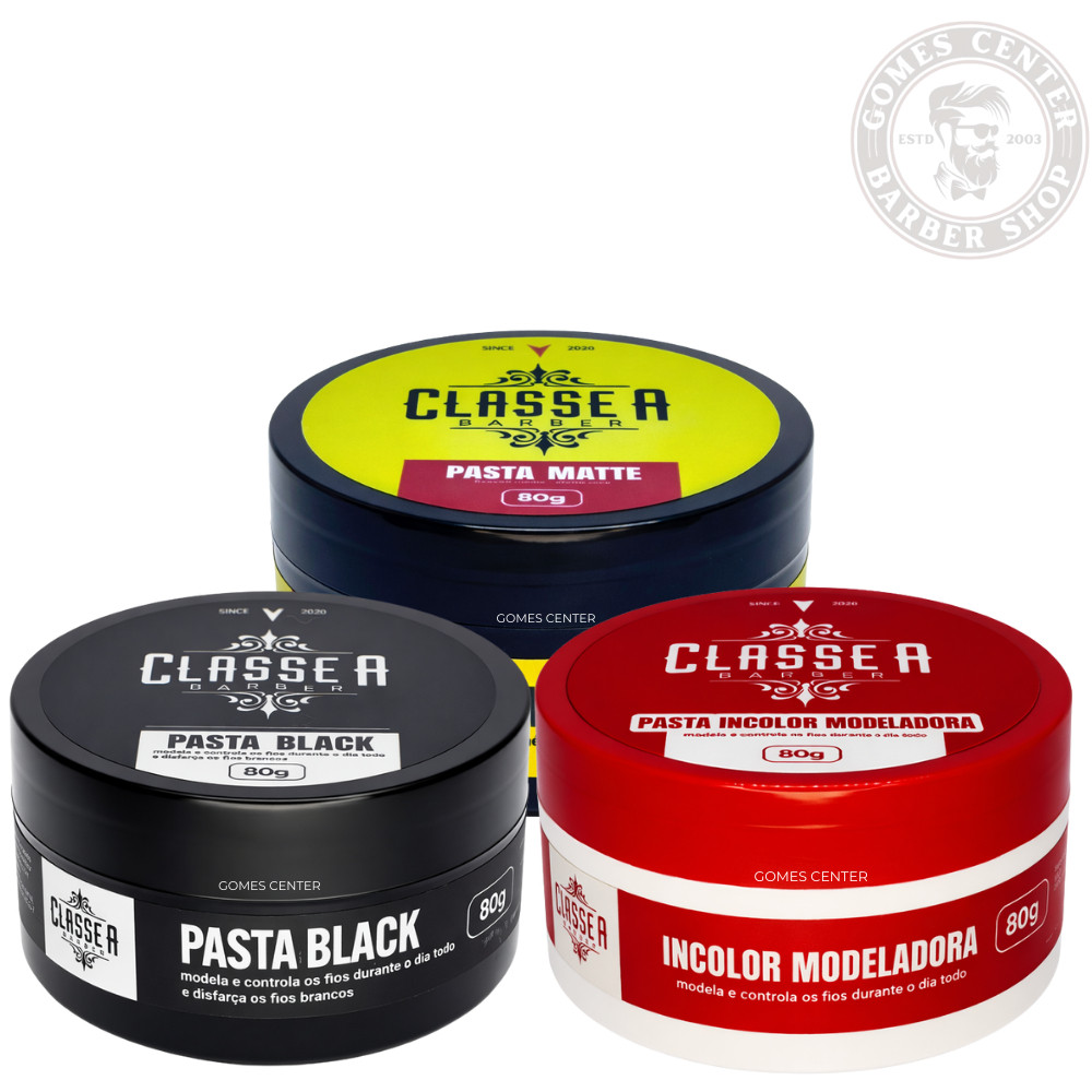 Kit 3 Pomadas Pasta Modeladora: Incolor, Black e Matte - 80g cada, Classe A Barber For Men Fox