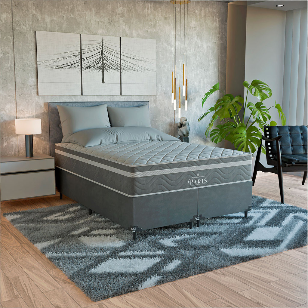 Cama Box Casal Bipartido Cinza + Colchão Paris Molas Cinza em Oferta na Shopee