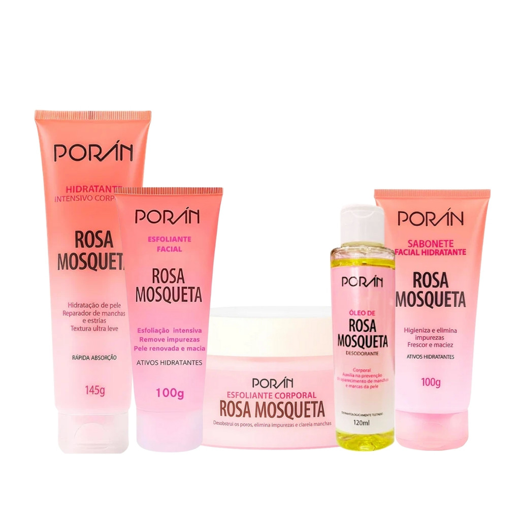 Kit Skin Care Completo Pele Seca Hidratante com Óleo de Rosa Mosqueta Porán 5 itens em Oferta na Shopee