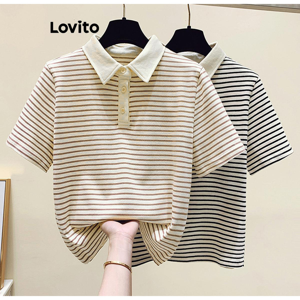 Lovito Camiseta Casual Listrada Com Botão Frontal E Gola Colorblock Para Mulheres LNE38178 (Café/Preto)