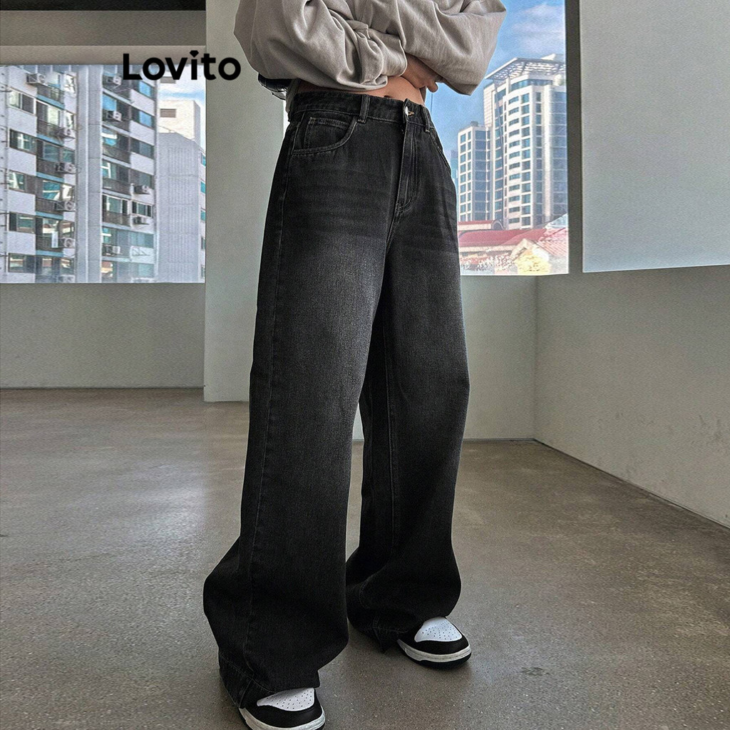 Lovito Jeans Casuais Lisos Cat'S Whiskers Jeans Lavados Para Mulheres L86ED291 em Oferta na Shopee