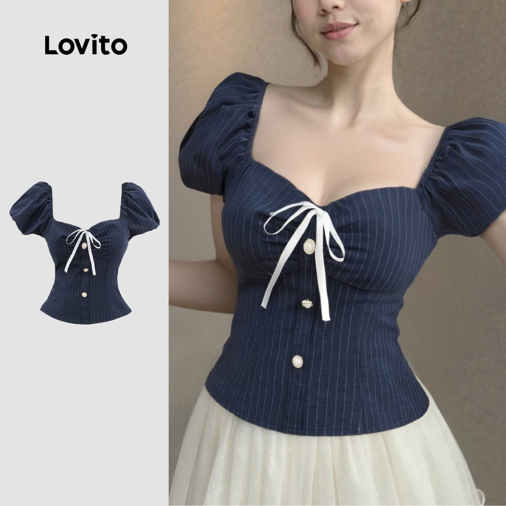 Lovito Casual Blusa Com Pérolas E Laço Textura Boa Primavera/verão Azul Marinho Blusa Feminina L137LD131