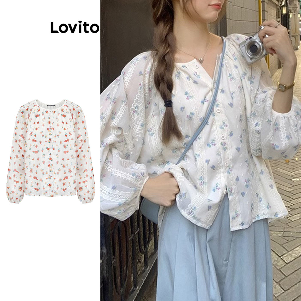 Lovito Blusa Casual Ditsy Com Bordado Floral E Botão Frontal Para Mulheres LNA29063 (Multicolorido) em Oferta na Shopee