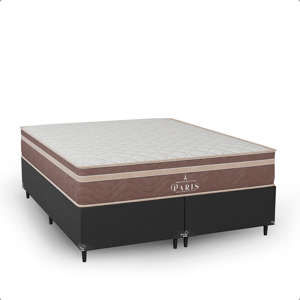 Cama Box Queen Bipartido Couro Preto + Colchão Paris Molas Ensacadas Marrom - e-Shop Casa