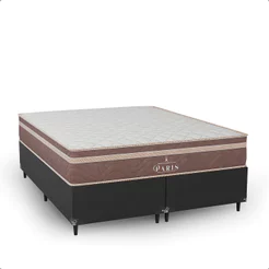 Cama Box Queen Bipartido Couro Preto + Colchão Paris Molas Ensacadas Marrom - e-Shop Casa