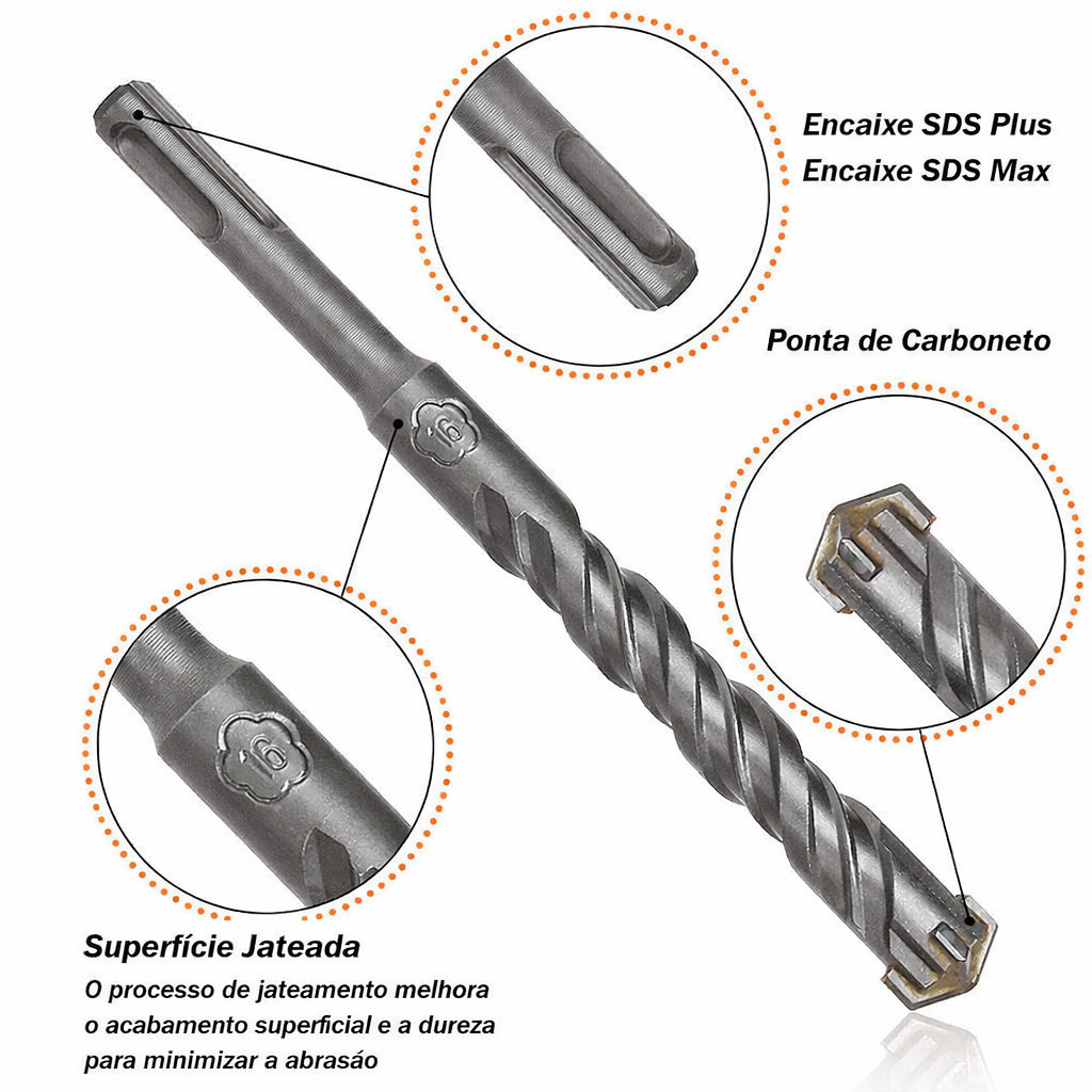 Detalhes do Kit 3 Brocas SDS Engate Rápido Plus 8 / 10 / 12 Aço Concreto Alvenaria