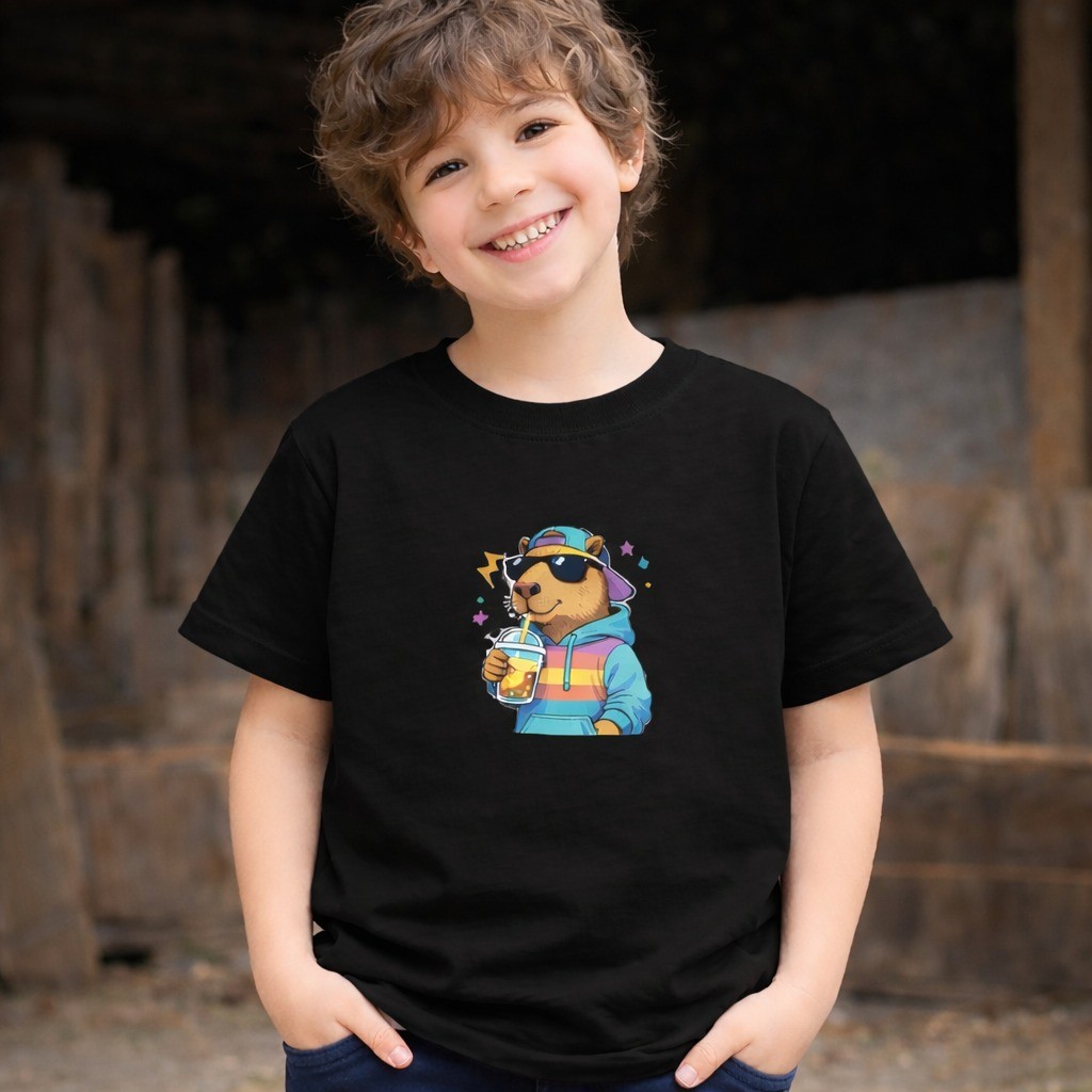 Camiseta Infantil Personalizada Desenho Capivara Estampada Divertida Confortavel Preta