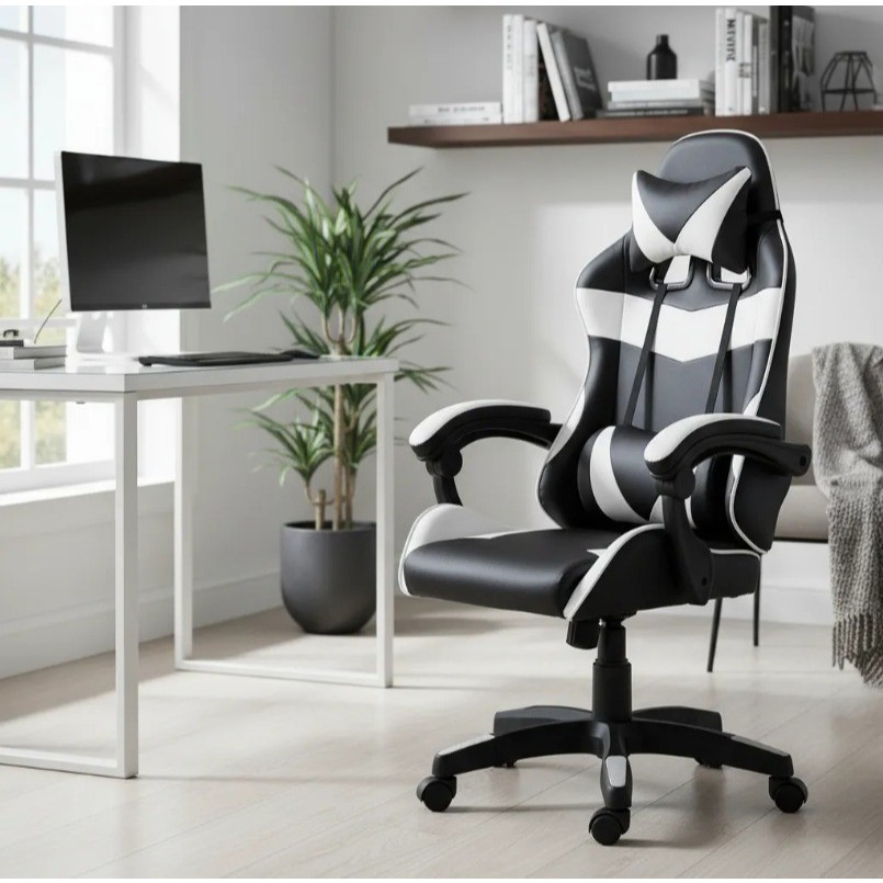 Cadeira Escritório Gamer Profissional Reclinável Ergonômica Preto e Branco Couro Sintético