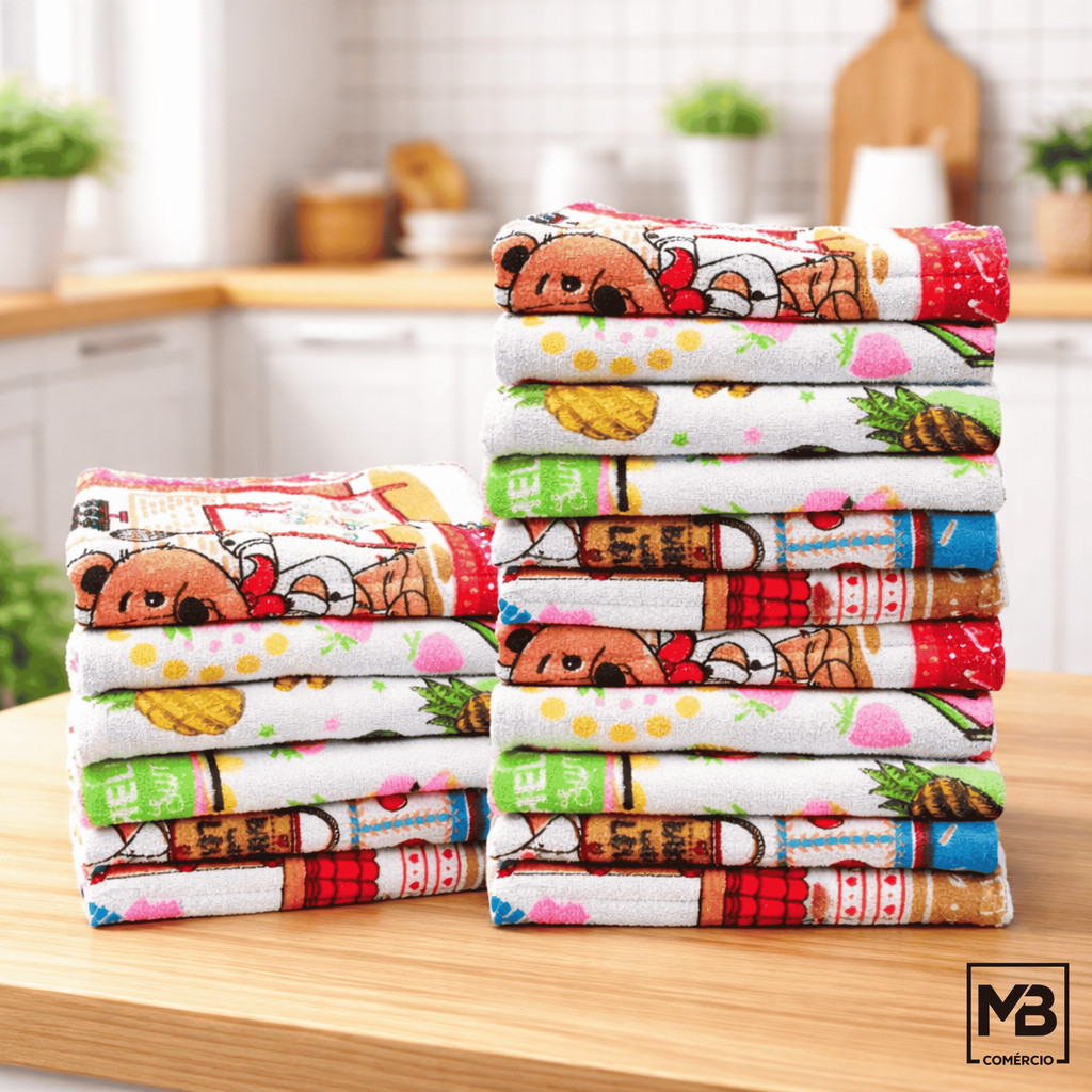 Kit 10 Pano de Copa Prato Felpudo Atoalhado Estampado 40X55