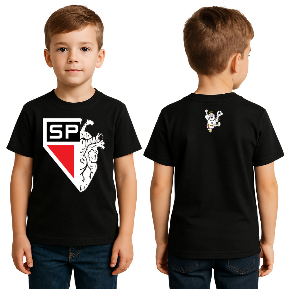 Camiseta Times Blusa Infantil Juvenil 100% Algodão Preta Coração Escudo Futebol, adulto