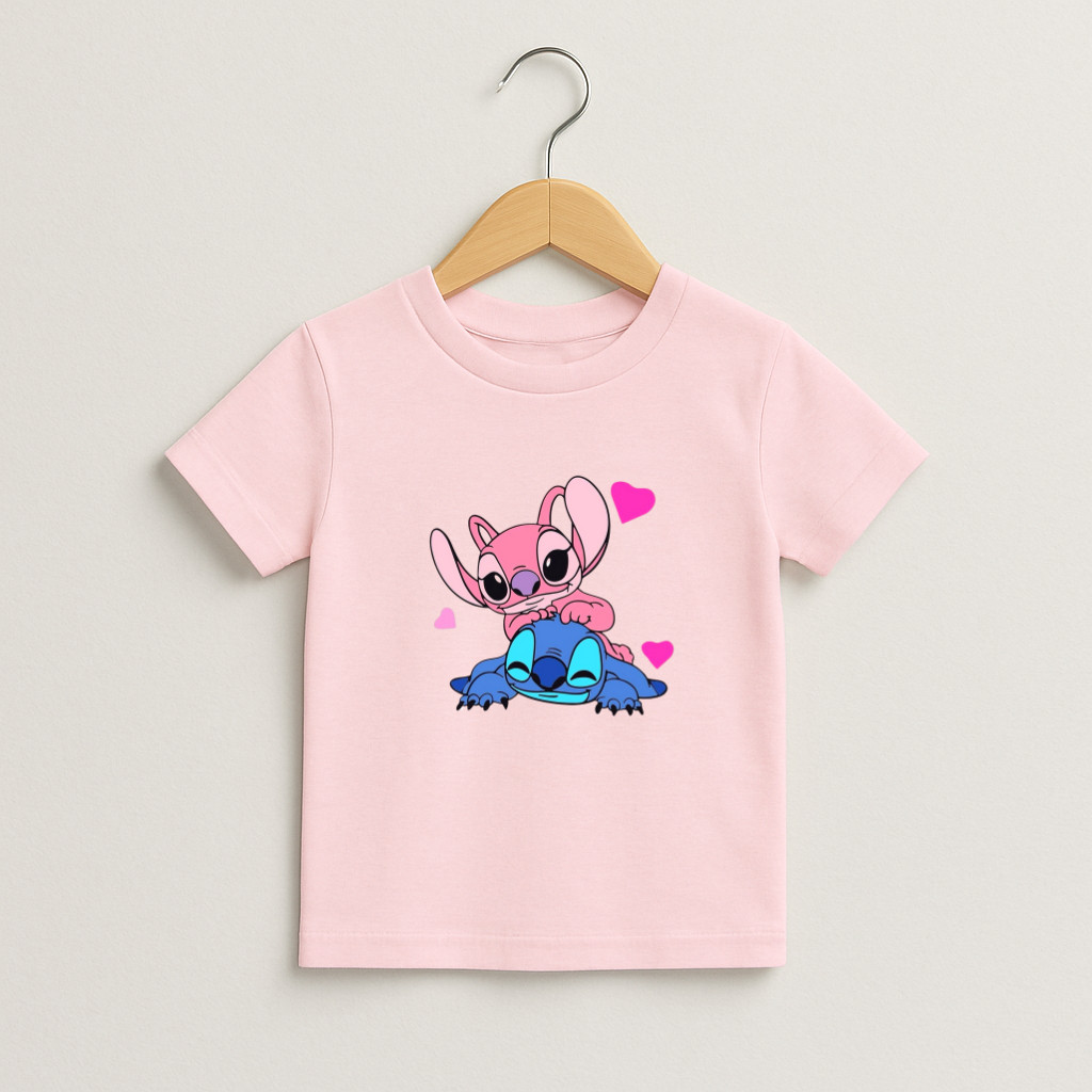 Camiseta Infantil Personagens Stitch e Angel Fantasia Estampada Unissex Juvenil Verão Casual